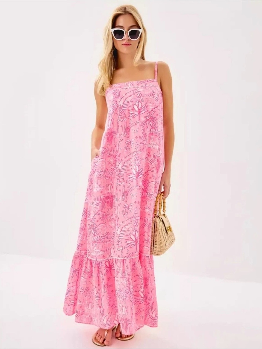 Lilly Pulizter Rozalie Linen Maxi Dress in “Conch Shell Pink Penny’s Playground